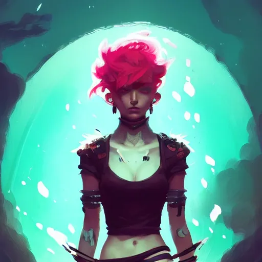 Image similar to a beautiful punkrocker in crop top, concept art by pete mohrbacher and guweiz and ilya kuvshinov, digital art, highly detailed, intricate, sharp focus, trending on artstation hq, deviantart, unreal engine 5, 4 k uhd image