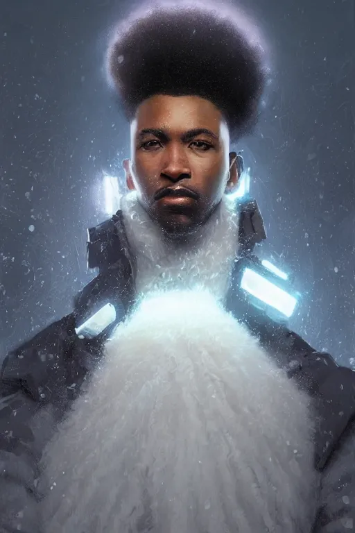 Prompt: ultra realistic illustration, black man with hightop afro, snowy, cold, volumetric lighting, hacknaut cyberpunk, sci - fi, fantasy, intricate, elegant, highly detailed, digital painting, artstation, concept art, smooth, sharp focus, illustration, art by artgerm and greg rutkowski and alphonse mucha