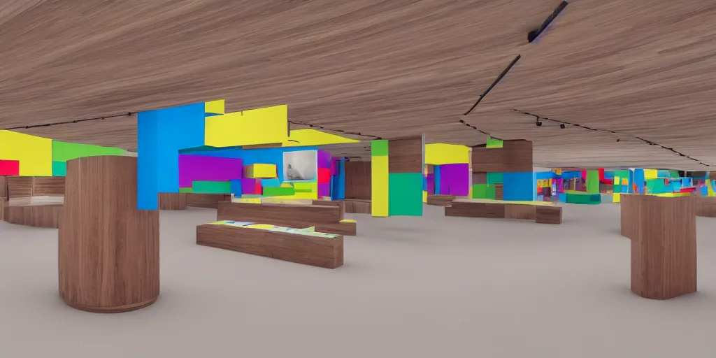 Image similar to a high colourful coloured 3 d octane model of a brutalism art gallery with wooden floor in walnut, highly detailed