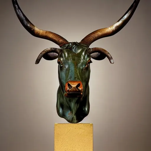 Image similar to professional color photograph of a patinated bronze portrait bust of a furious Texas longhorn steer supported by a bronze plinth, by Auguste Rodin, Jean-Leon Gerome
