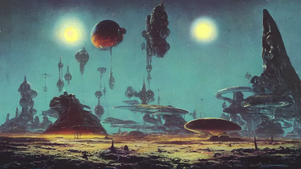 Image similar to a tall spaceship landing on a strange eerie alien planet by Paul Lehr and Bruce Pennington