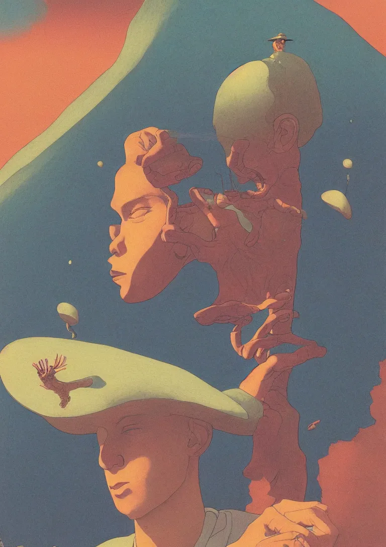 Prompt: a closeup portrait of a young man eating magic mushrooms and dreaming psychedelic hallucinations, by kawase hasui, moebius, Edward Hopper and James Gilleard, Zdzislaw Beksinski, Steven Outram colorful flat surreal design, hd, 8k, artstation