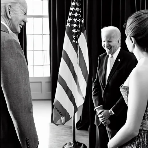 Image similar to emma watson face to face with president joe biden, nikon 3 5 mm, photograph