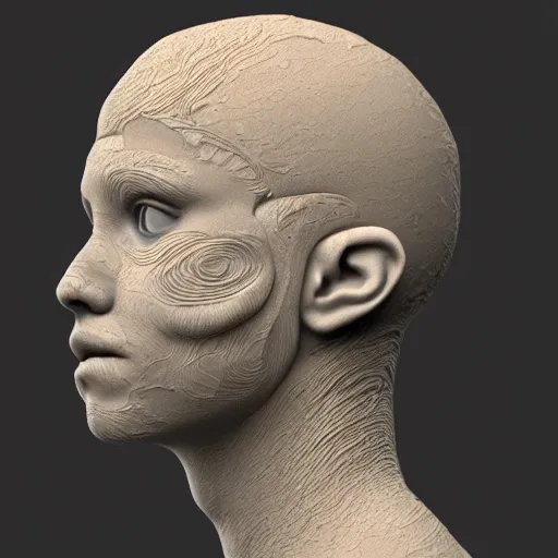 Image similar to 3 d face with fractal structural skin, clay render, rendered in octane, venation, voronoi patterns