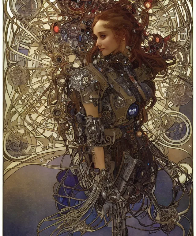 Image similar to realistic detailed portrait of a korgi! mecha cyberpunk! mage! by alphonse mucha and charlie bowater and art germ, rule of thirds, golden ratio, art nouveau! cyberpunk! style, mechanical accents!, mecha plate armor, glowing leds, flowing wires with leaves, art nouveau accents, art nouveau patterns and geometry, rich deep moody colors