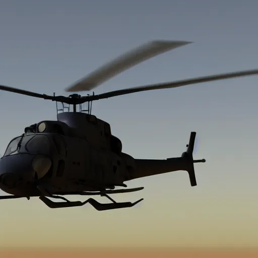 Prompt: Bell UH-1 Helicopter flying over the desert at dawn high detail realistic octane render accurate