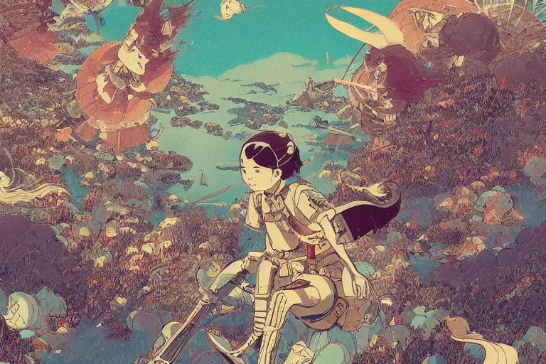 Prompt: the battle of minatogawa, retro fantasy style, victo ngai, moebius, studio ghibli