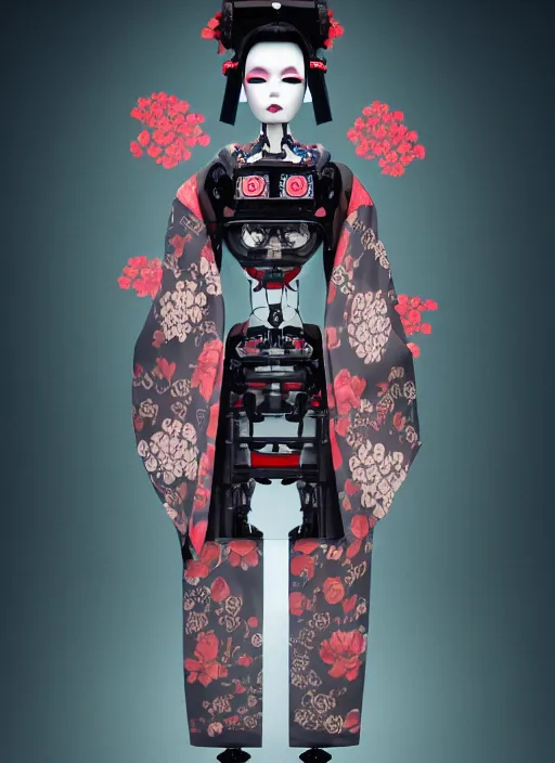 Image similar to full body portrait of a gothic japanese robot geisha with kanji tattoos and decals wearing a digital pixelated kimono, intricate design, photorealistic, octane render, raytraced, ultra fine detailed, character design, trending on artstation