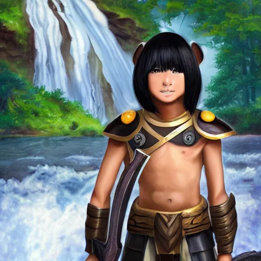 Prompt: a skinny tan 1 0 year old half - asian boy with dark anime hair riding a hippo wearing armor down a waterfall with a large sword in one hand and a shield in the other hand, photorealistic, skinny face, strong muscle tone