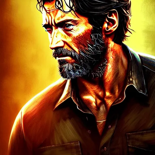 Image similar to beautiful digital portrait of hugh jackman as joel from the last of us, hdr, by artgerm