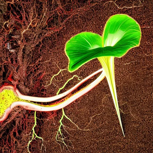 Image similar to a cross section of a carnivorous plant with sharp pointy teeth showing its roots underground, plant photography