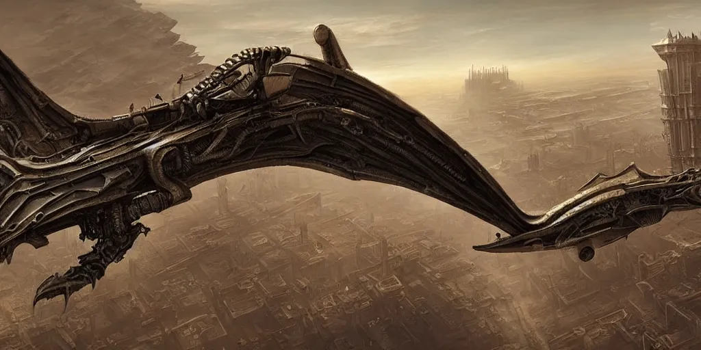 Image similar to giger steampunk wyvern flying over huge desert city, in style of federico pelat greg rutkowski