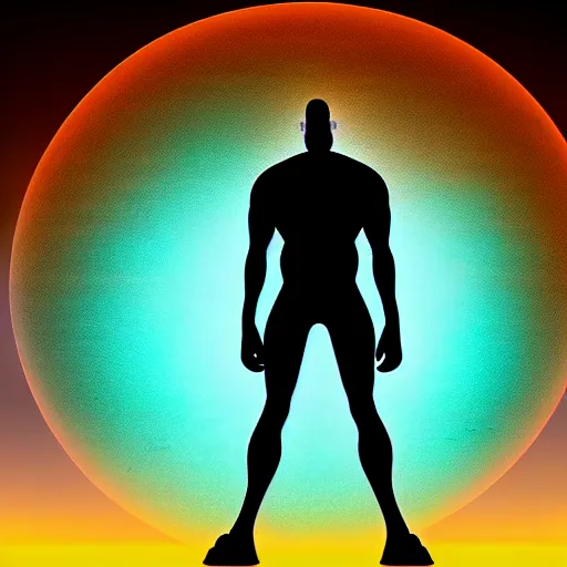 Prompt: Contemporary digital art in style of Alan Moore Highly detailed Dr.Manhattan character from Watchmen watching on a beautiful sunrise on mars. Volumetric light