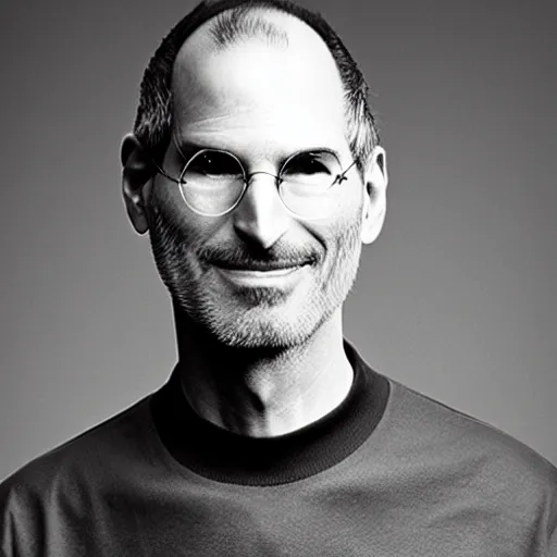 Prompt: studio portrait photography of steve jobs with a smile, he's happy and healthy, highly detailed