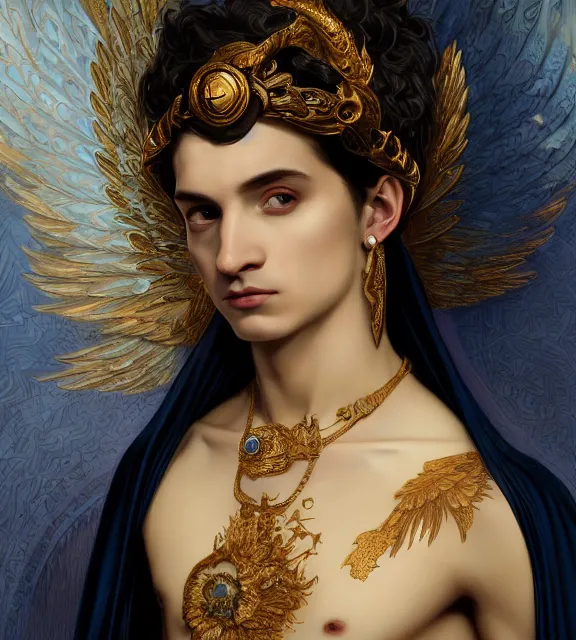 Image similar to portrait of a god of death, young male, in the underworld, elegant dark blue dress, very detailed, throne, very intricate details, jewelry, gold eyeshadow, elaborate long black hairstyle, wings, cinematic, artstation, william bouguereau, alphonse mucha, greg rutkowski, rossdraws, octane render