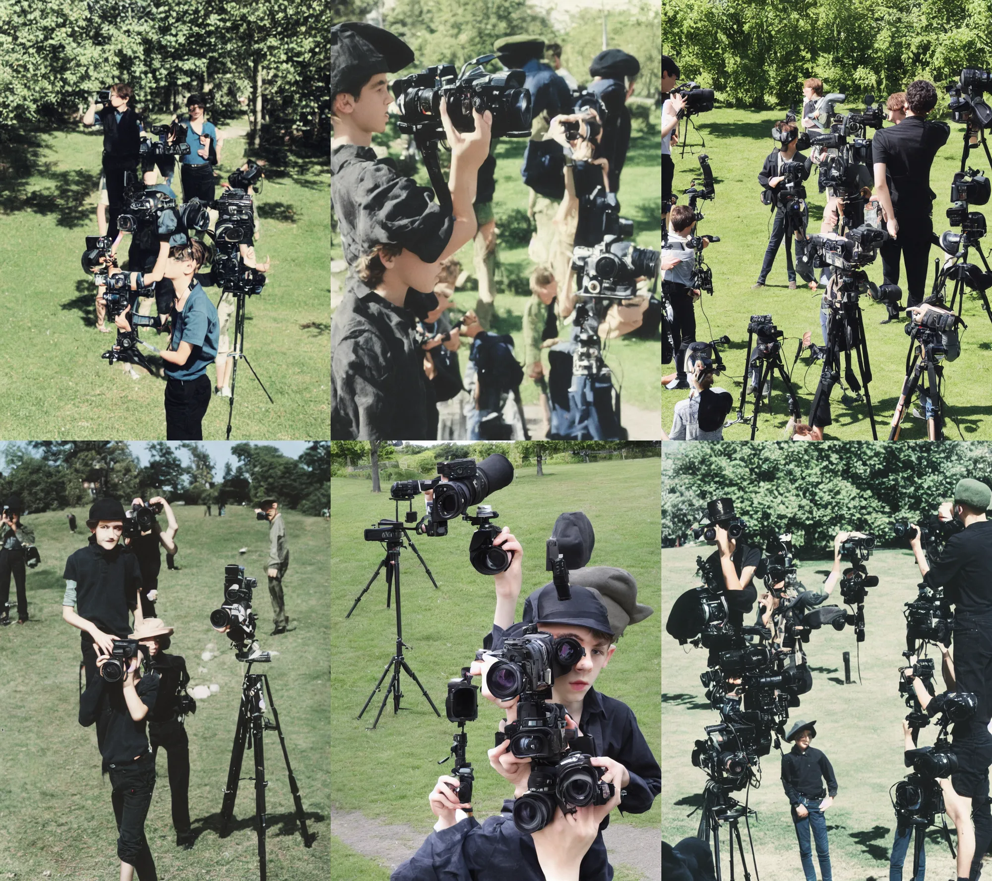 Prompt: outdoor colour photograph, detailed, sunny day, slim teenage boy wearing black trousers, a green shirt, curly dark hair and a black french beret, filming on an 8mm camera