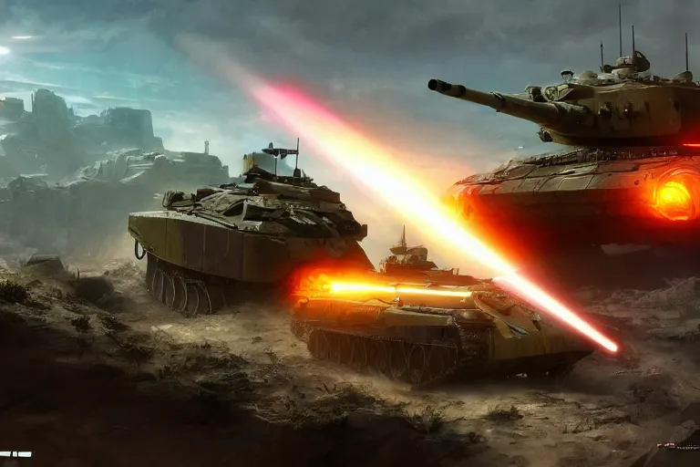 Image similar to tank battle, soldiers, lasers, science - fiction, beautiful matte painting,, unreal engine, artstation.