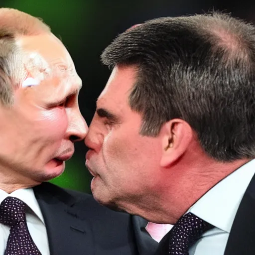 Prompt: vladimir putin kissing jair bolsonaro, very detailed