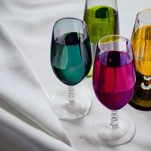 Prompt: photorealistic multi colored wine glasses on white silk tablecloth
