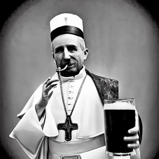 Image similar to photo of the steampunk Pope drinking a beer, 50mm, beautiful photo