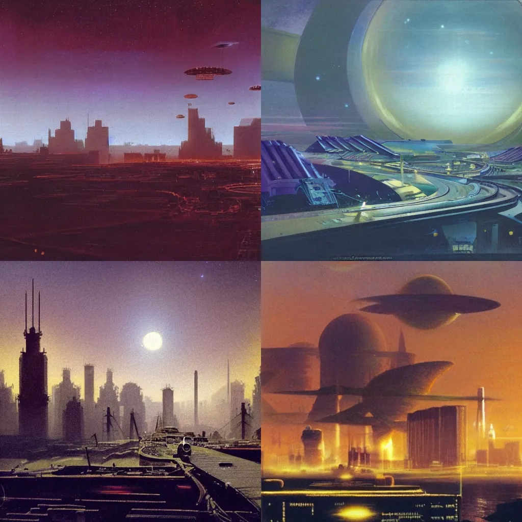 Prompt: Great City of Mercury, moving with the planet rotation on tracks by John Harris