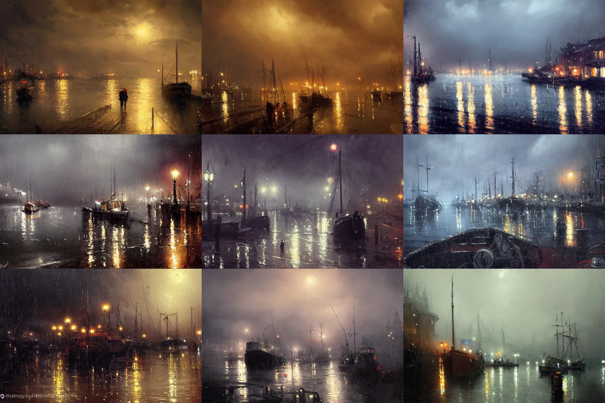 Prompt: victorian harbour night, rain, a beautiful painting, Greg rutkowski