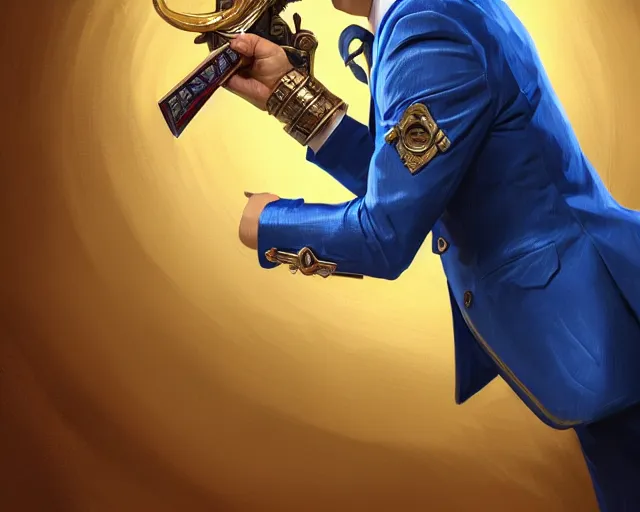 Image similar to photography of a blonde man in a blue suit with medals on it wielding a sword and pistol, deep focus, d & d, fantasy, intricate, elegant, highly detailed, digital painting, artstation, concept art, matte, sharp focus, illustration, hearthstone, art by artgerm and greg rutkowski and alphonse mucha