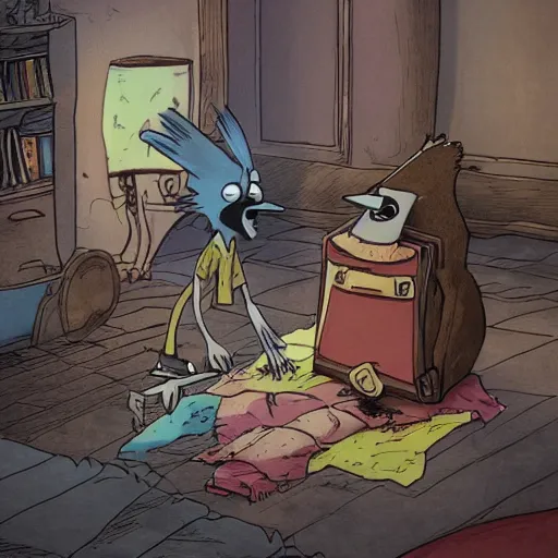 Prompt: mordecai and rigby accidentally start the rapture