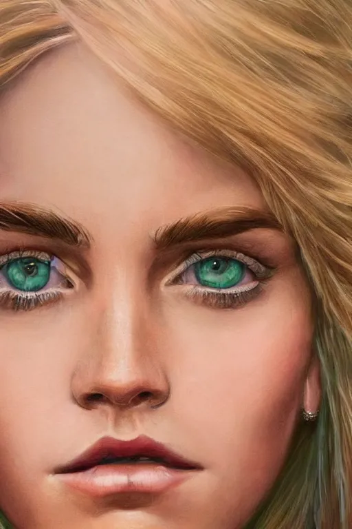 Image similar to An extremely beautiful detailed close up portrait of a blonde haired Emma Watson, green eyes, long hear, round face, artstation, oil painting, award winning