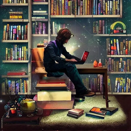 Prompt: a skinny computer nerd guy sitting on the floor of his room, crossed legs, laptop, smartphone, video games, tv, books, potions, jars, shelves, knick knacks, tranquil, calm, sparkles in the air, magic aesthetic, fantasy aesthetic, colorful, whimsical aesthetic, by stanely artgerm, tom bagshaw, arthur adams, cane griffiths, trending on deviantart, street art, face enhance, chillwave, maximalist