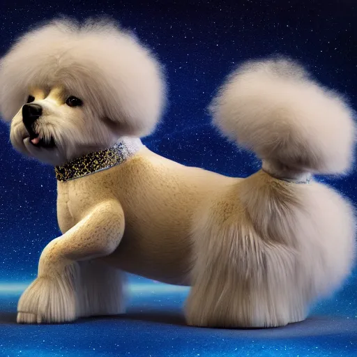 Prompt: fluffy dog, full body, alexander hamilton style, wearing a beautiful costume on stage, a dark nebula background, concept art, highly detailed, digital art, trending on art station, mark brooks, 3 - d 4 k