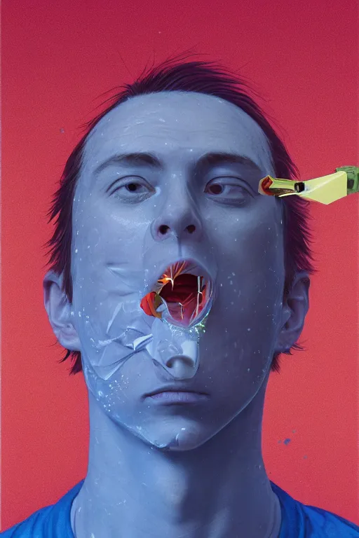Prompt: a scifi closeup portrait of a young british man licking a blotter paper of LSD acid on his tongue and dreaming psychedelic hallucinations in cosmos, by kawase hasui, moebius, Edward Hopper and James Gilleard, Zdzislaw Beksinski, Steven Outram colorful flat surreal design, hd, 8k, artstation