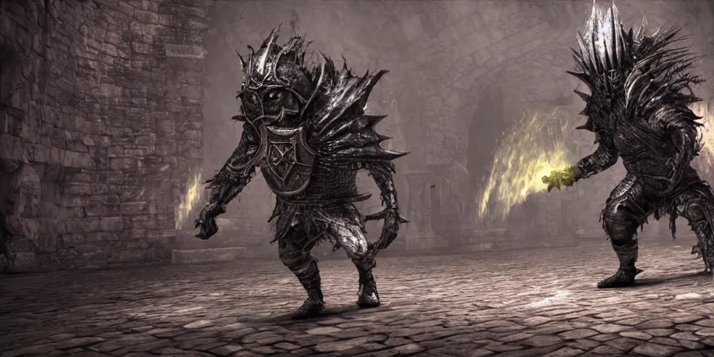 Prompt: minion as a darksouls boss, horror, hd, screenshot,