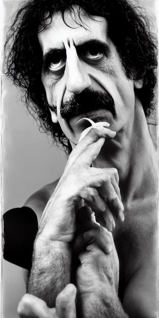 Image similar to award winning photo of frank zappa wearing thong, symmetrical face, beautiful eyes, studio lighting, wide shot art by Sally Mann & Arnold Newman