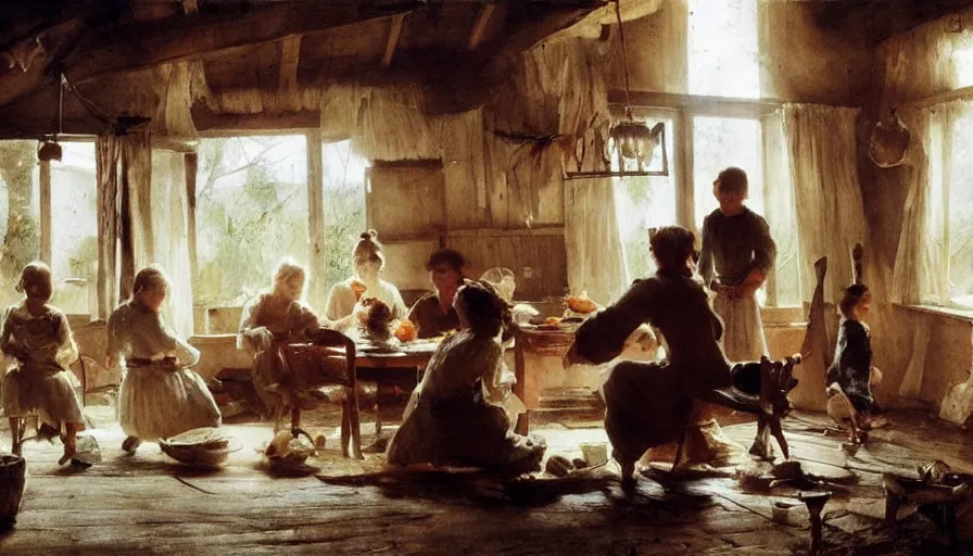 Image similar to simple villager family about to eat a meal together in their beautiful simple cottage home, art by anders zorn, wonderful masterpiece by greg rutkowski, beautiful cinematic light, american romanticism thomas lawrence, greg rutkowski