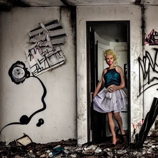 Prompt: marlin monroe inside a derelict house, graffiti, trash, mystery, flashlight,