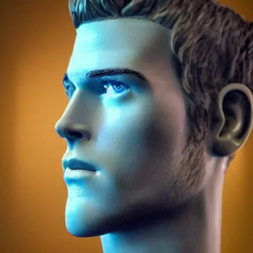 Image similar to “a realistic detailed photo of a guy who is an attractive humanoid who is half robot and half humanoid, who is a male android, actor Liam Hemsworth, shiny skin, posing like a statue, blank stare, at the museum, on display”