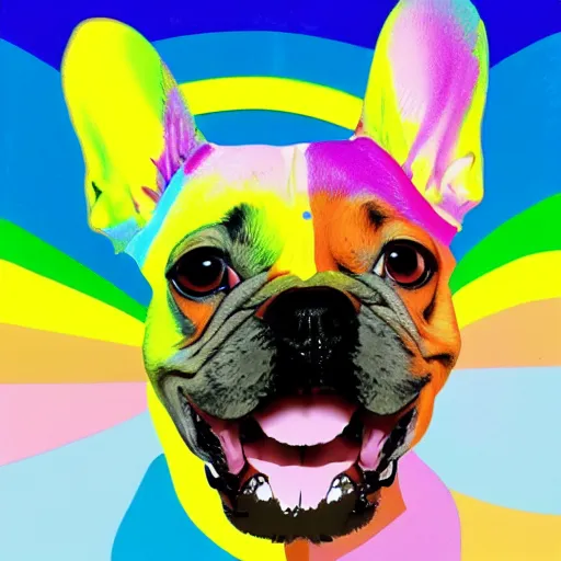 Image similar to rainbow excited smiling french bulldog. pop art.