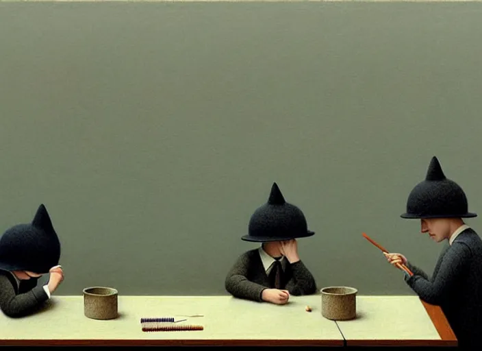 Image similar to a very boring day in school, painting by quint buchholz and ray caesar, muted colors, gray, dull, boring, low energy, pale blue faces, very detailed