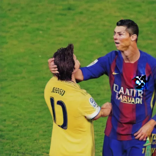 Image similar to christiano ronaldo crying while kissing leo messi's head. high definition. photography. high resolution