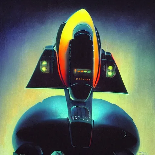 Image similar to a dark and colorful close - up side profile portrait of a spaceship with led lights glowing fog in the background. highly detailed science fiction painting by norman rockwell, frank frazetta, and syd mead. rich colors, high contrast, gloomy atmosphere, dark background. trending on artstation