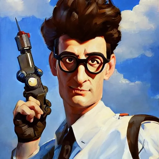 Image similar to greg manchess portrait painting of armored dr. egon spengler as overwatch character, medium shot, asymmetrical, profile picture, organic painting, sunny day, matte painting, bold shapes, hard edges, street art, trending on artstation, by huang guangjian and gil elvgren and sachin teng