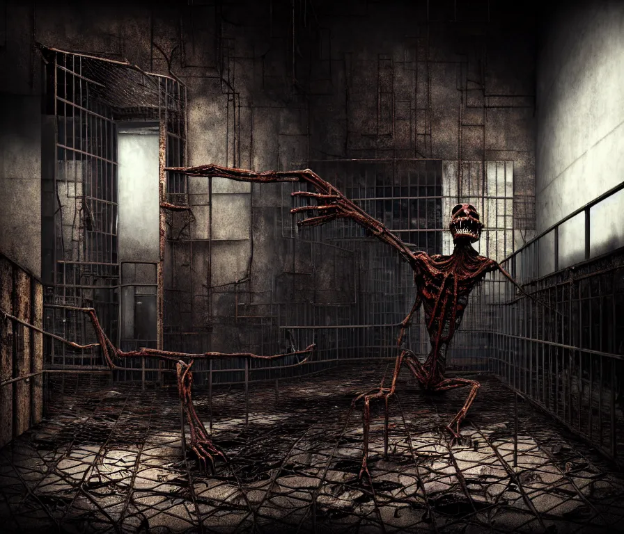 Image similar to creepy huge suffering humanoid with long limbs sits. an underground very dark gloomy multi - layered structure of rusty thick iron grates, dense chain - link fencing and peeling walls. inside view, collapsed floors, bent rusted iron, masterpiece, black background, corners, cinematic, hyperdetailed, photorealistic, hyperrealism, octane render, shadows