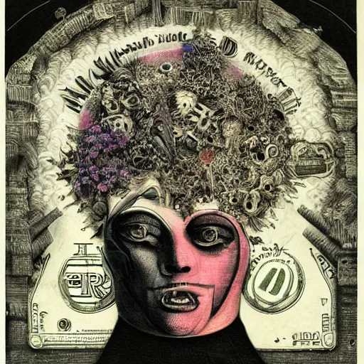 Image similar to post - punk new age album cover, asymmetrical design, frame of a dollar bank notes, capitalism, magic, apocalypse, psychedelic, black white pink, magic, giger h. r., giuseppe arcimboldo