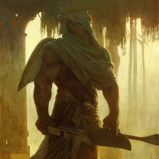 Prompt: half portrait of orc barbarian wearing a closed cowl holding a axe! jeremy mann, jean leon gerome, alphonse mucha, greg rutkowski, hood covers his eyes, ( ( ruins of ancient rome ) ), at dusk, mysterious atmosphere, sunrays, dof, masterpiece, high detailed, 8 k