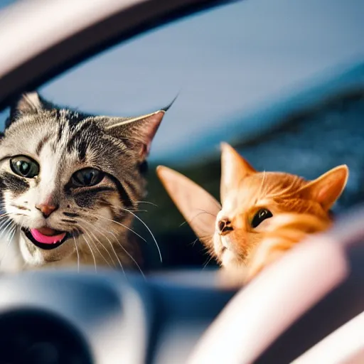 Image similar to top view of cabriolet, cat behind steering wheel looking happy, golden hour