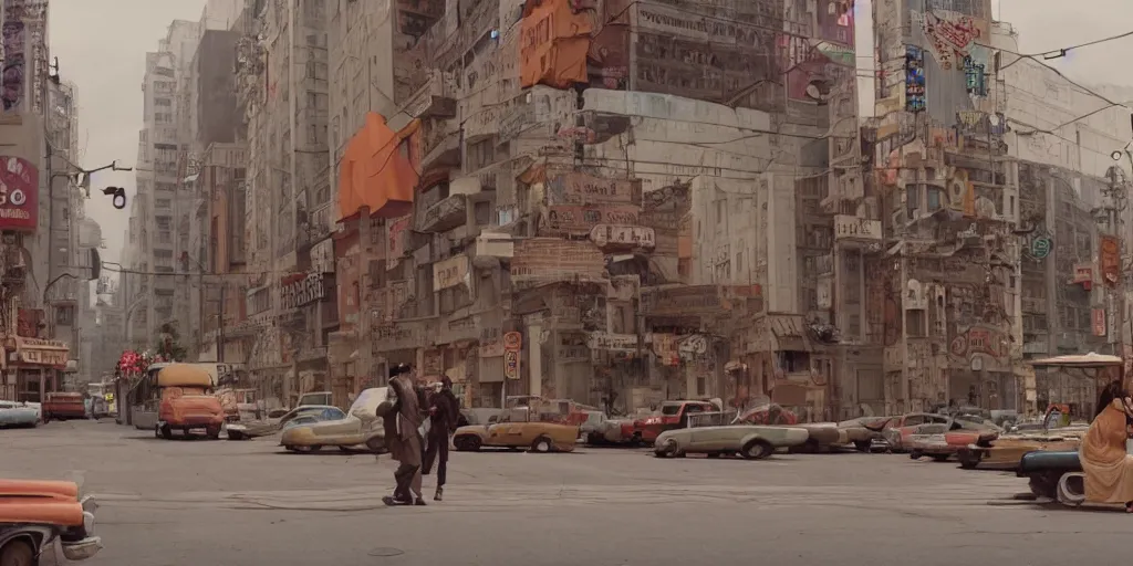 Prompt: a cinematic movie shot of a cheerful and whimsical post-apocalyptic city street by Wes Anderson