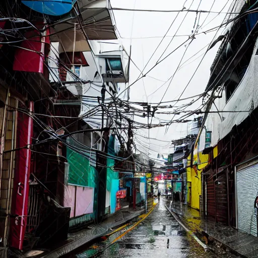 Prompt: rain - soaked alley with messy overhead cables in yongsan district, seoul, south korea