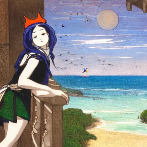 Image similar to A girl jester on the front of a Balustrade with a beach on the background, major arcana, a colab between studio ghibli and paul delaroche