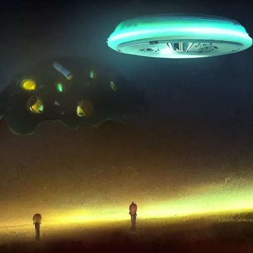 Image similar to found footage of a ufo at night, found footage, dynamic lighting, photorealistic concept art, trending on art station, stunning visuals, creative, cinematic, ultra detailed